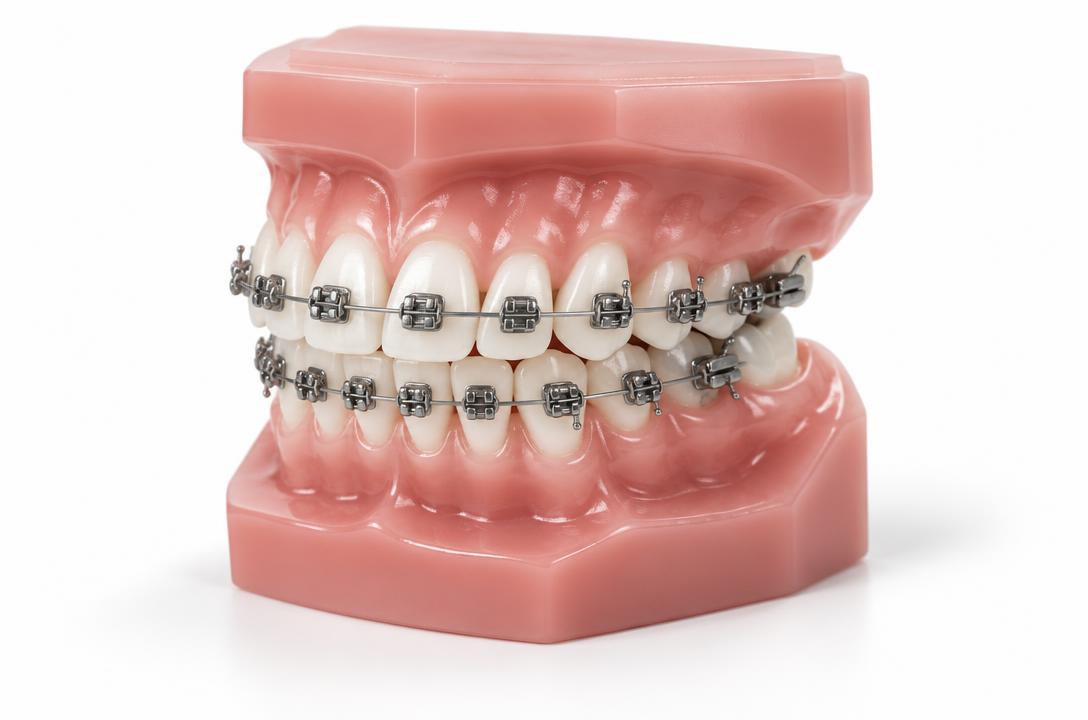 Illustrative example of metal braces on a dental model